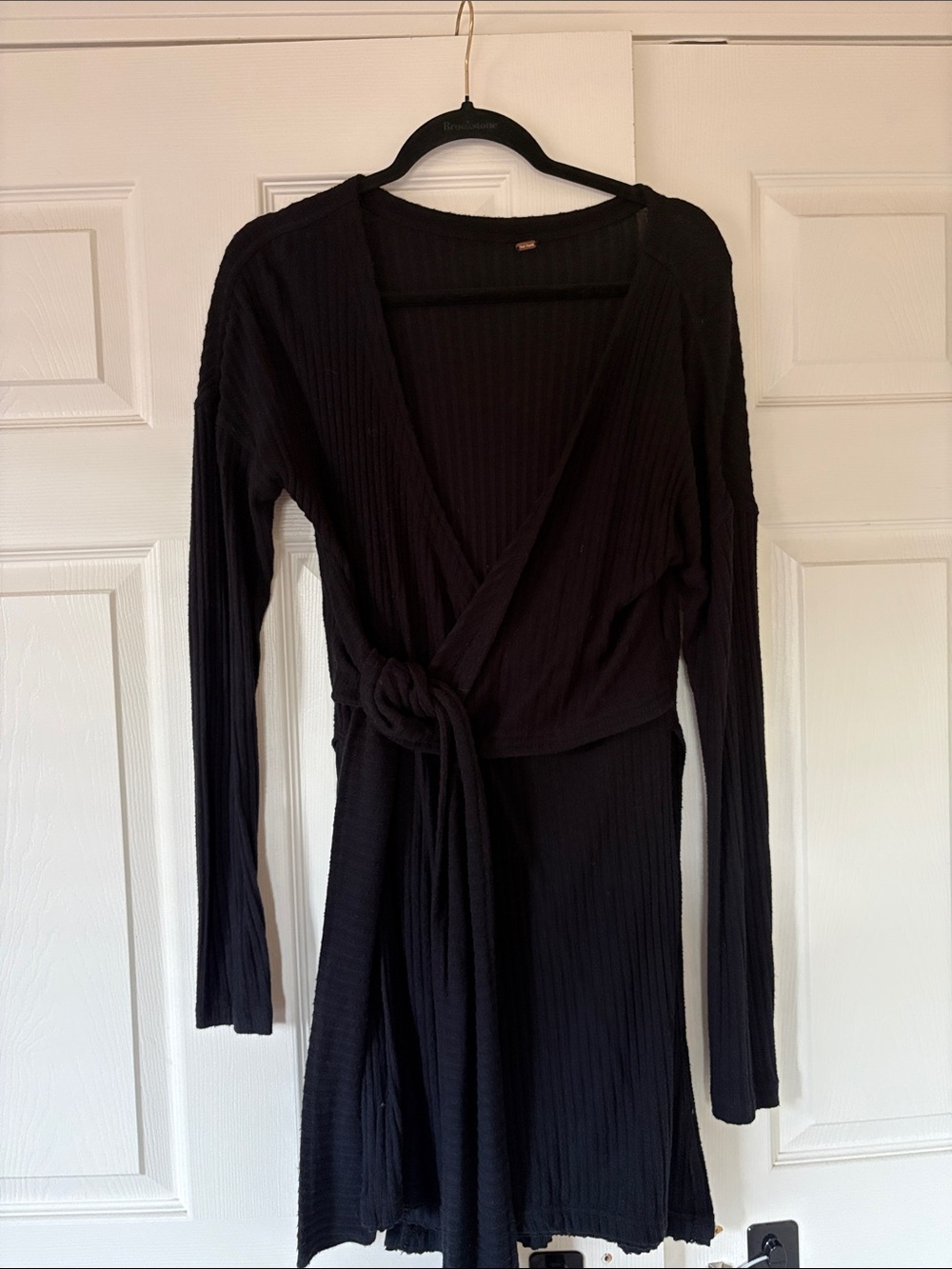 Free People Black Ribbed Wrap Mini Dress Tunic Size Large Long Sleeve